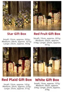 Detail view of glowing Christmas iron gift boxes in four styles with LED lights
