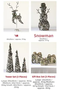 Detailed dimensions for woven Christmas deer, snowman and gift box decorations
