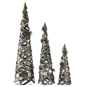 Lot de 3 sapins de Noël tissés avec corde de jute et décorations d'étoiles en bois