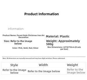 Detailed product specifications for forest-style plastic Christmas ornaments in four colors