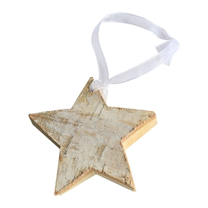 Rustic star-shaped wooden ornament with natural bark texture and white satin ribbon