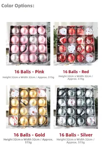 Détail de 16 boules de Noël en rose, rouge, or et cyan avec des motifs festifs variés