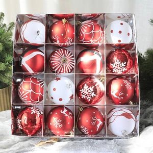 Lot de 16 boules de Noël rouges et blanches avec motifs de rennes et flocons