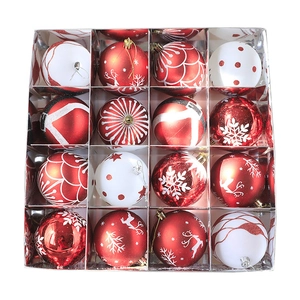 Lot de 16 boules de Noël rouges et blanches avec motifs de rennes et flocons