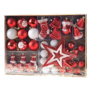 Christmas tree decoration set with red and white ornaments in a gold gift box
