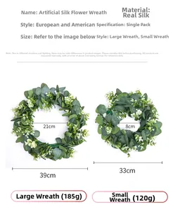 Size chart showing large and small artificial eucalyptus wreaths with dimensions