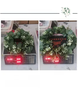 Detailed comparison of artificial eucalyptus wreaths weighing 120g and 185g on digital scales