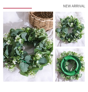 Detailed views of faux eucalyptus wreath showing front textures and plastic backing ring