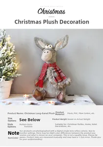 Close-up of plush Christmas dolls featuring plaid scarves on a wooden table with lights