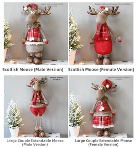 Detail of Christmas reindeer plush figurines with adjustable height and plaid fabric patterns