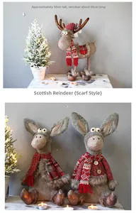 Standing reindeer plush with red tartan scarf and knitted hat for Christmas decor
