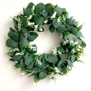 Artificial Eucalyptus Wreath Satin Plastic Green Leaves White Flowers Home Front Door Wall Decor Nordic Style Festive