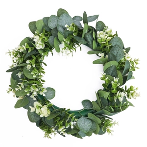 Nordic eucalyptus wreath with artificial green leaves and white flowers for home wall decor