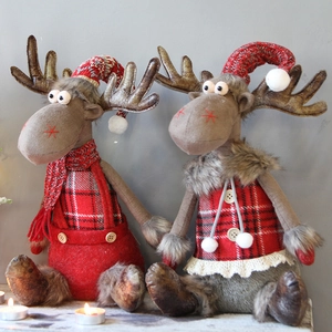 Christmas plush reindeer doll set with red plaid outfits and festive hats for holiday decor
