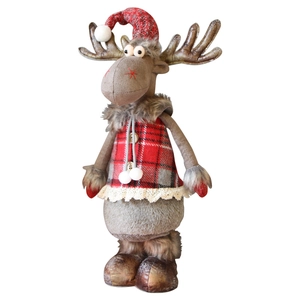 Christmas reindeer doll decoration with red plaid clothing and a knit hat on white background
