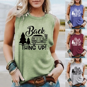 Detail view of camping print tank tops in green, purple, wine red and heather grey colors