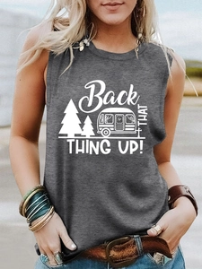 Detailed view of the dark grey sleeveless tank top with vintage camping graphic and slogan