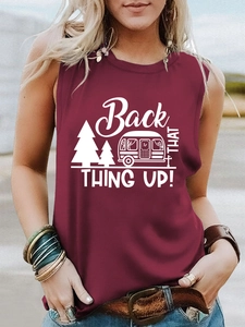 Detail of burgundy sleeveless tank top with white slogan and camping RV graphics