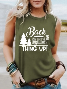 Close-up of olive green sleeveless tank top with white camping print on the front