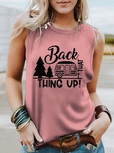 Close-up of pink round neck tank top with outdoor camping graphic and artistic text