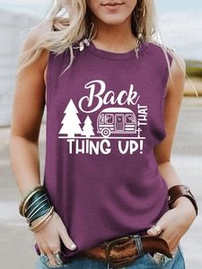Detail of a dark purple sleeveless vest with a vintage camper graphic and text print