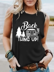 Close-up of black sleeveless tank top featuring a white camper trailer and nature graphic print