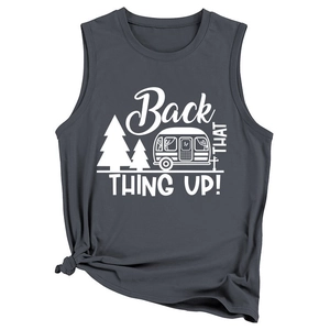 Dark grey sleeveless tank top featuring a 'Back THAT THING UP!' camper print and knotted hem