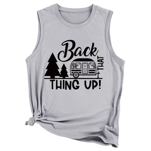 Close-up of light grey sleeveless tank top featuring a vintage camping print and a front knot tie