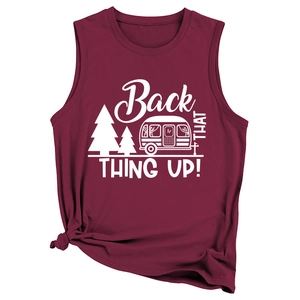 Detail of burgundy tank top with forest camper print and front hem tie knot