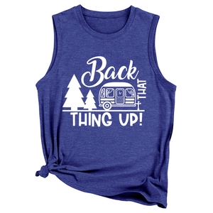Detail of blue sleeveless tank top with outdoor print and stylish knotted hem design