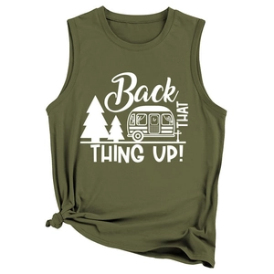 Detail of army green sleeveless tank top with vintage camping graphic and front knot hem