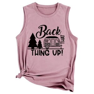 Pink crew neck sleeveless vest featuring black graphic print and stylish side knot
