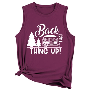 Close-up of wine red tank top with camping graphic and stylish knotted hem detail