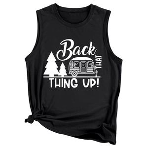 Casual black sleeveless tank top with camper print and side knot detail for women