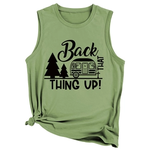Detail of avocado green sleeveless tank top featuring outdoor camping graphic and side knot