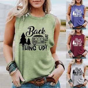 Women's Casual Cotton Blend Sleeveless Tank Top Round Neck Back That Thing Up Camping RV Graphic Print Summer Top