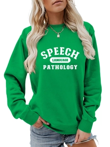Λεπτομέρεια του λογότυπου Speech Language Pathology σε φωτεινό πράσινο φούτερ