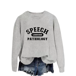 Grey long sleeve speech language pathology sweatshirt with denim shorts on white background