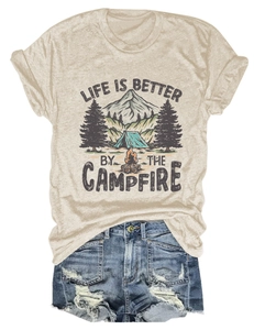 Detail of life is better by the campfire print on oat-colored short sleeve t-shirt