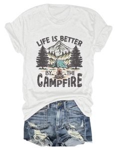 Close-up of Life is Better by the Campfire print on a white cotton T-shirt