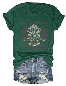 Flat lay of cotton campfire t-shirt with forest green fabric and denim shorts