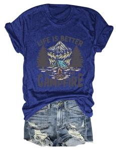 Detail of the Life Is Better By The Campfire print on a blue cotton short sleeve T-shirt