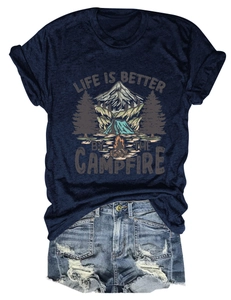 Detail of navy T-shirt with campfire print and distressed denim shorts outfit set