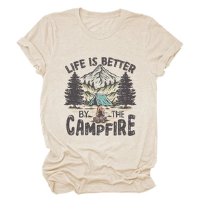 Close-up of oatmeal t-shirt fabric texture with campfire camping graphic print