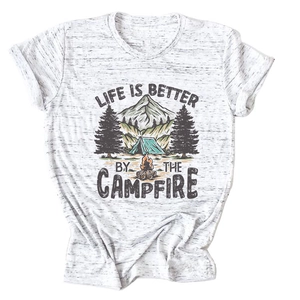 Close-up of campfire graphic print on light grey short sleeve t-shirt fabric detail