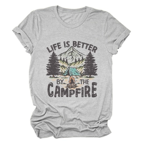 Detail of grey crewneck T-shirt featuring outdoor camping print and Life Is Better quote