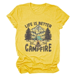 Detailed flat lay of campfire illustration on yellow crewneck cotton t-shirt
