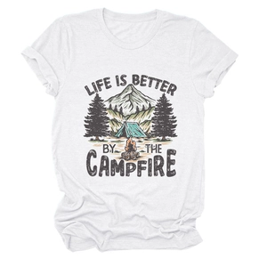 Detail of cotton white T-shirt featuring retro mountain campfire graphic and outdoor slogan