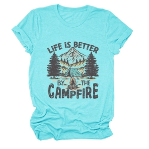 Detail of teal crew neck t-shirt featuring outdoor campfire graphic and mountain print
