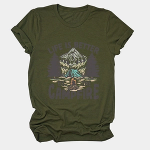 Detailed flat lay of army green T-shirt with vintage campfire mountain print design